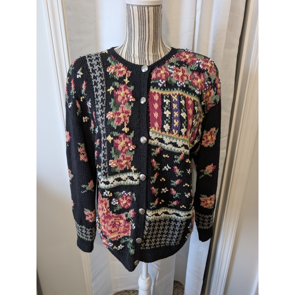 Vintage Northern Isles Hand Knit Cardigan Sweater Size L‎ 90s Cottagecore Floral